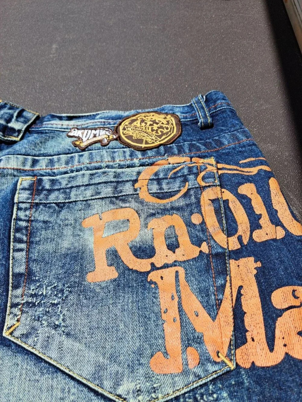 Vintage Akademiks Size 42 Mens Baggy Denim Shorts Orange Graphics Streetwear